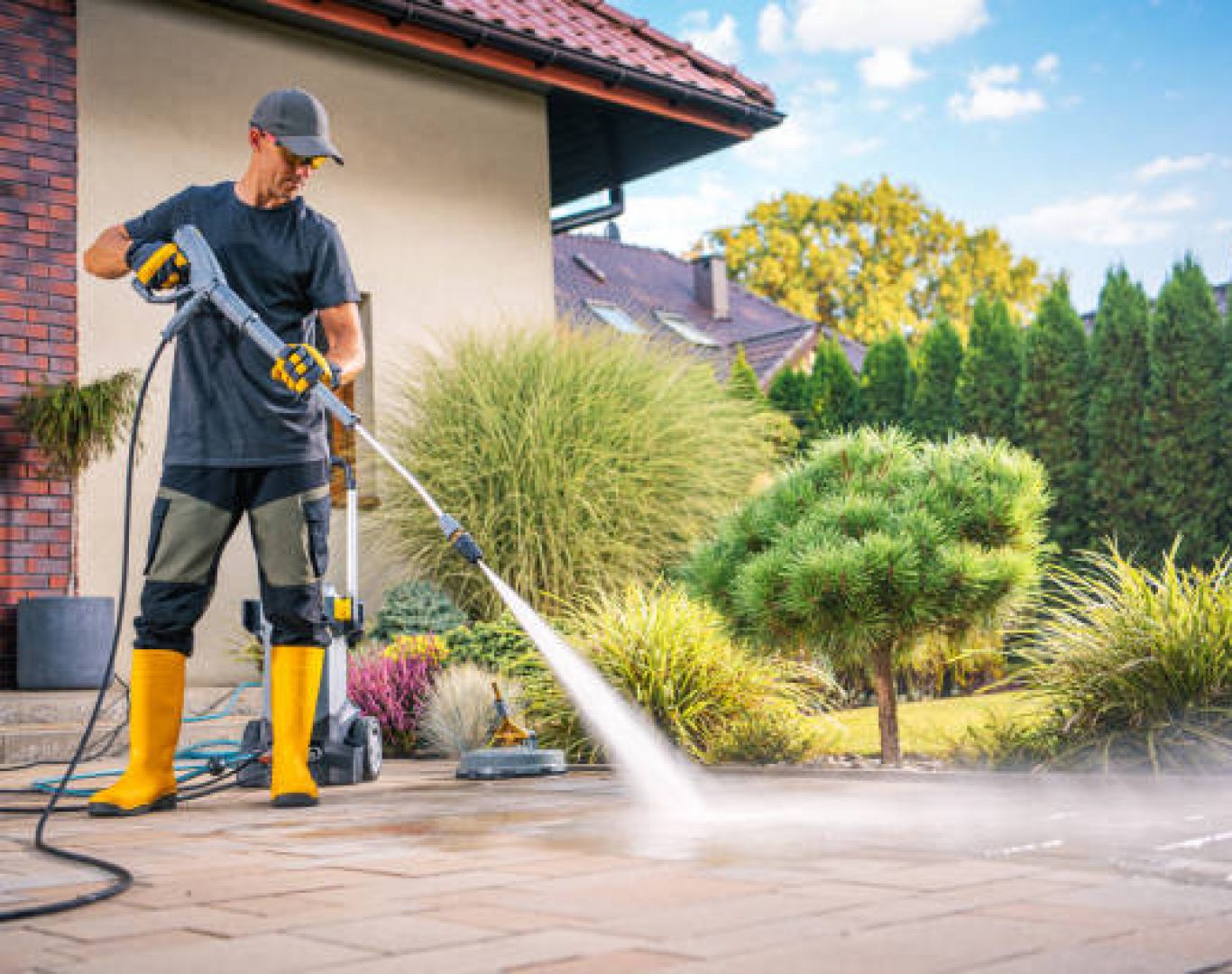 Professional pressure washing cleaning a home's exterior in Stewart County, TN